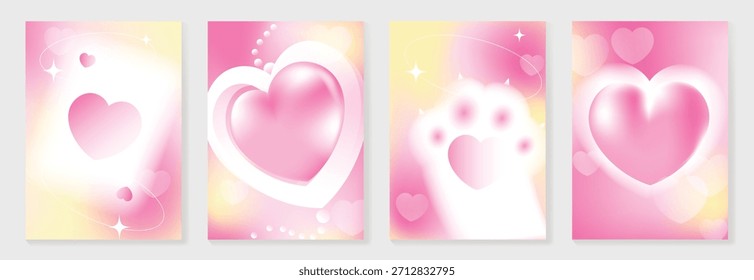 Conjunto de carteles conceptuales del Día de San Valentín. Vector de corazón pastel rosa suave con brillo, destellos, burbujas y nubes de ensueño. Precioso diseño romántico para tarjetas, invitaciones, embalaje y Fondo de pantalla.