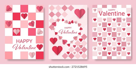 Conjunto de carteles de concepto de San Valentín. Ilustración vectorial. Corazones de papel rojos y rosados 3D con marco sobre fondo geométrico.