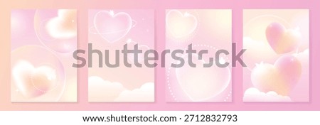 Valentine's Day concept posters set. Soft pink pastel heart vector artwork with glow, sparkles, bubbles and dreamy clouds. Lovely romantic design for cards, invitations, packaging and wallpaper.