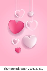 Afiches conceptuales de San Valentín. Ilustración vectorial. 3 d corazones de papel rojo y rosa con marco sobre fondo geométrico. Banners de venta de amor o tarjetas de felicitación