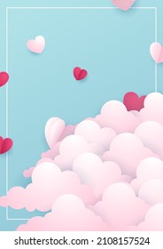 Valentine's day concept posters. Vector illustration. 3d blue and pink paper hearts with frame on geometric background. Cute love sale banners or greeting cards