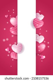 Afiches conceptuales de San Valentín. Ilustración vectorial. 3 d corazones de papel rojo y rosa con marco sobre fondo geométrico. Banners de venta de amor o tarjetas de felicitación