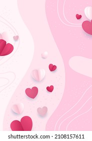 Valentine's day concept posters. Vector illustration. 3d red and pink paper hearts with frame on geometric background. Cute love sale banners or greeting cards