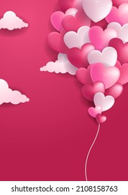Valentine's day concept posters. Vector illustration. 3d red and pink paper hearts with frame on geometric background. Cute love sale banners or greeting cards