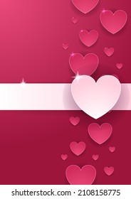 Afiches conceptuales de San Valentín. Ilustración vectorial. 3 d corazones de papel rojo y rosa con marco sobre fondo geométrico. Banners de venta de amor o tarjetas de felicitación