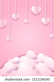 Afiches conceptuales de San Valentín. Ilustración vectorial. 3 d corazones de papel rosa con marco sobre fondo geométrico. Banners de venta de amor o tarjetas de felicitación