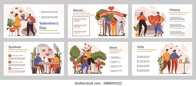 Valentines Day Concept For Presentation Slide Template. People Celebrating Romantic Holiday, Giving Gifts, Couples On Date, Love Relationship. Vector Illustration With Flat Persons For Layout Design