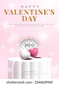 Valentine's day concept for product display, white podium flower shape with heart balloon, flare on pink background. vector illustration