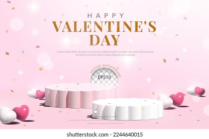 Valentine's day concept for product display, pink, white podium flower shape with heart balloon and confetti on pink background. vector illustration