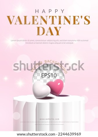Valentine's day concept for product display, white podium flower shape with heart balloon, flare on pink background. vector illustration