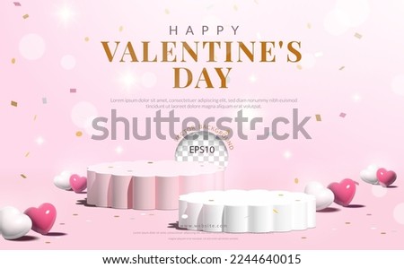 Valentine's day concept for product display, pink, white podium flower shape with heart balloon and confetti on pink background. vector illustration