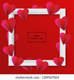 Valentine's day concept. Red background with volumes hearts and square frame. Wallpaper, flyers, invitation, posters, brochure, banners.