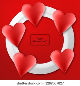 Valentine's day concept. Red background with volumes hearts and circle frame. Wallpaper, flyers, invitation, posters, brochure, banners.