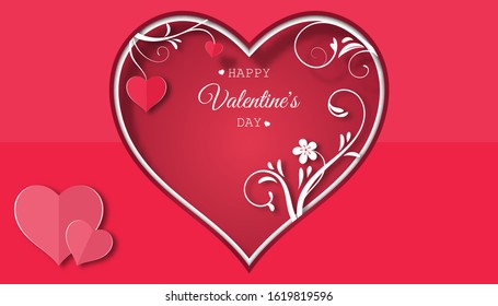 Valentine's day concept with red pink paper hearts hanging on tree branch,floral paper, Paper cut style, Vector symbols of love,red pink gradient background