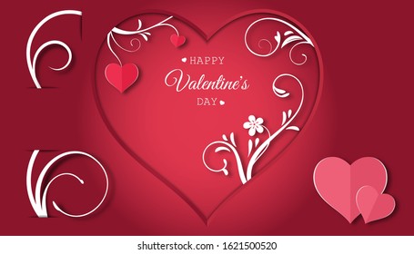 Valentine's day concept with red pink paper hearts hanging on tree branch,floral paper, Paper cut style, Vector symbols of love,red pink gradient background