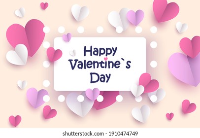 Valentine's day concept. Red, pink and white paper hearts frame. Cute love banner or greeting card. Festive background template. Vector illustration. EPS 10