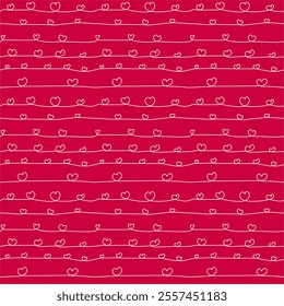 Valentine's day concept. A red and white background featuring a seamless pattern of continue line white hearts arranged in a decorative design. Wrapping paper.