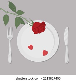 Valentine's day concept. Romantic dinner. Rose and two hearts on a plate. There is also a fork and knife here. Valentines day menu background. Vector illustration on a gray background.