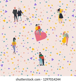 Valentines Day concept seamless pattern. Tiny man and woman. Different couples heterosexual gay lesbian mix race. Vector flat illustration