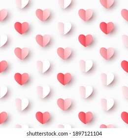 Valentine's day concept seamless pattern background. Vector illustration. 3d red, white and pink paper cut hearts wallpaper. Cute love sale backdrop for greeting card