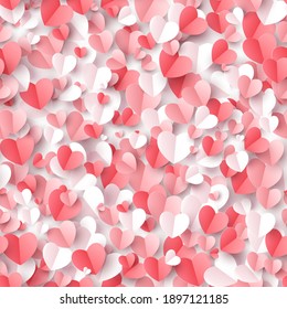 Valentine's day concept seamless pattern background. Vector illustration. Many 3d red, white and pink paper cut hearts wallpaper. Cute love sale backdrop for greeting card