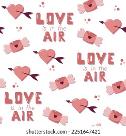 El concepto del día de San Valentín es un patrón sin fisuras con vectores adorables elementos de dibujos animados, letras con alas y corazones. El amor está en las letras del aire. Fondo rosa para envolver papel y cajas de regalo