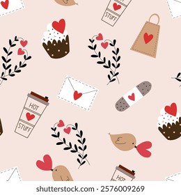 Valentine's day concept seamless pattern made with hand drawn doodles. Decorated with hearts.