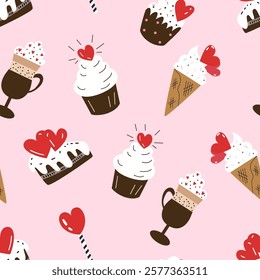 Valentine's day concept seamless pattern made with hand drawn doodles. Decorated with hearts.