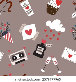 Valentine's day concept seamless pattern made with hand drawn doodles. Decorated with hearts.