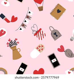 Valentine's day concept seamless pattern made with hand drawn doodles. Decorated with hearts.