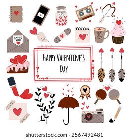 Valentine's day concept. Set of cute clip-art with hearts, love and warm feelings.