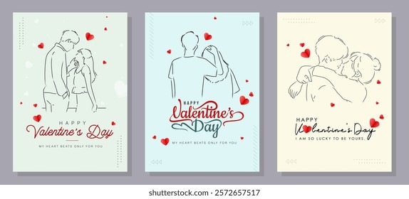 Valentine's Day concept set. Love word lettering, calligraphy hand drawn heart. Valentine's Day background. Card, poster, cover set. Modern design trendy minimal typography. Line drawing.