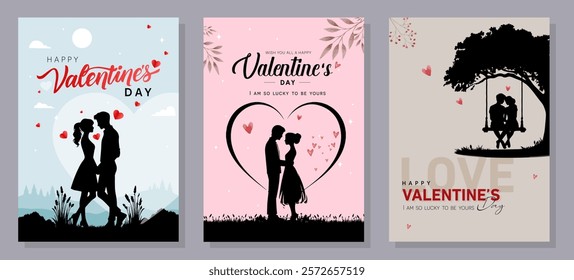 Valentine's Day concept set. Love word lettering, calligraphy hand drawn heart. Valentine's Day background. Card, poster, cover set. Modern design trendy minimal typography. Line drawing.