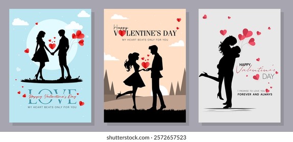 Valentine's Day concept set. Love word lettering, calligraphy hand drawn heart. Valentine's Day background. Card, poster, cover set. Modern design trendy minimal typography. Line drawing.