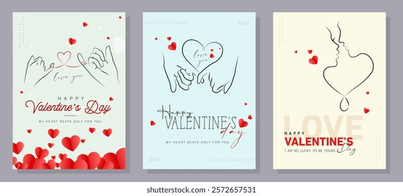 Valentine's Day concept set. Love word lettering, calligraphy hand drawn heart. Valentine's Day background. Card, poster, cover set. Modern design trendy minimal typography. Line drawing.