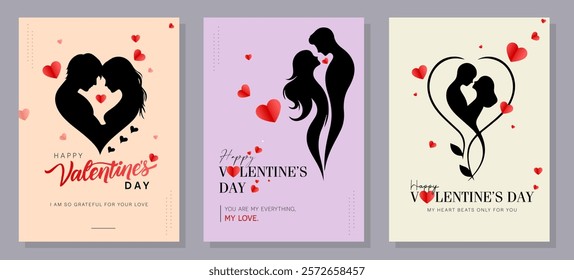 Valentine's Day concept set. Love word lettering, calligraphy hand drawn heart. Valentine's Day background. Card, poster, cover set. Modern design trendy minimal typography. Line drawing.