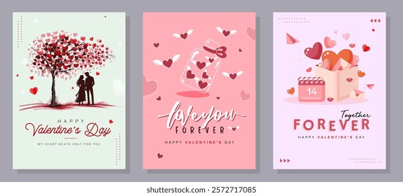 Valentine's Day concept set. Love word lettering, calligraphy hand drawn heart. Valentine's Day background. Card, poster, cover set. Modern design trendy minimal typography. 