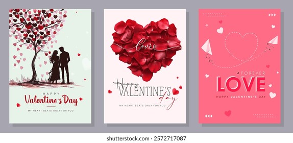 Valentine's Day concept set. Love word lettering, calligraphy hand drawn heart. Valentine's Day background. Card, poster, cover set. Modern design trendy minimal typography. 