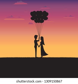 Valentine's Day Concept. Silhouette of couple standing holding a heart shape balloon with sunset background. Illustration vector flat