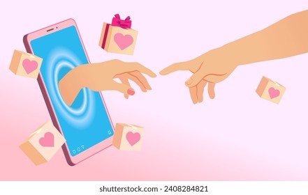 Valentines day concept with smartphone and hands from creation of Adam. A couple in love trying to touch hands, promotion product banner. Sale discount vector illustration