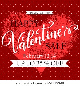 Valentine`s day concept, stamp heart and hand written lettering vector illustration.