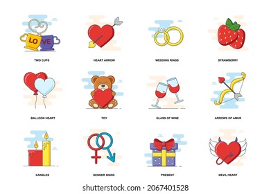 Valentines Day concept stroke flat line icons isolated set. Holiday gifts, decor bundle. Graphic linear symbols collection for website design. Vector conceptual pack outline pictograms for mobile app