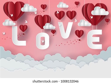 Valentine's Day Concept. Summer red balloon floating in the sky above the clouds. There are letters L O V E and flying birds. Have heart to float down Vector illustrations. paper art style