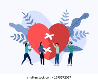 Valentine's day concept, teamwork, big heart, business concept vector illustration