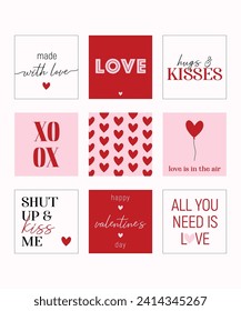 Valentine's day concept theme editable template social media set, red and pink random design with frame on square background, Cute love sale banners or greeting cards