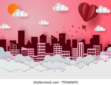 Valentine's Day Concept There are balloons floating over the city with pink skies. The heart is pouring out, showing the delivery of love to people. Vector Illustration paper art