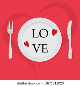 Valentine's day concept. There are red hearts and the text Love on a plate. There is also a knife and a fork here. Valentines day menu background. Vector illustration.