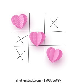 Valentine's day concept. Tic tac toe game with criss cross paper cut pink hearts and hand drawn x sign. Doodle line, white background. Vector.