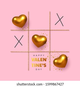 Valentine's day concept. Tic tac toe game with criss cross metallic golden hearts and x sign. Glitter line, flat pink background. Vector.