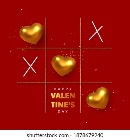 Valentines day concept. Tic tac toe game with criss cross metallic golden hearts and x sign. Glitter line, flat red background. Vector.